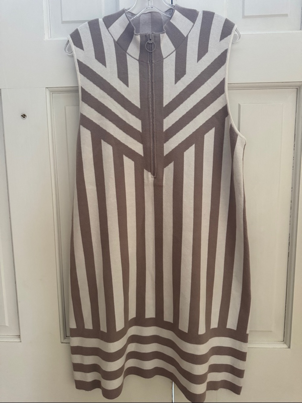 Maeve Sleeveless Striped Knit Midi Dress in Beige and Taupe